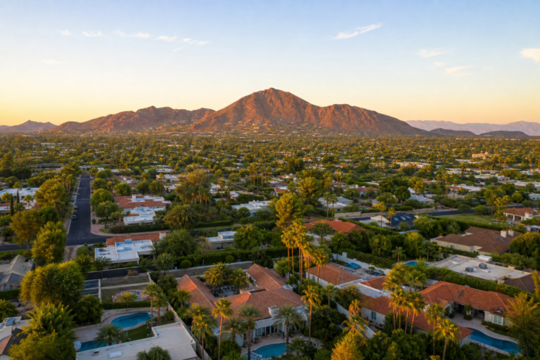 Phoenix Arizona city skyline with desert landscape and residential neighborhood