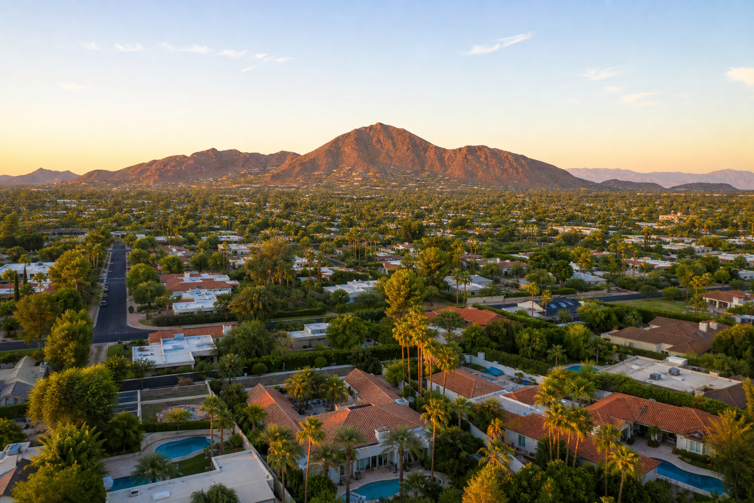 Phoenix Arizona city skyline with desert landscape and residential neighborhood