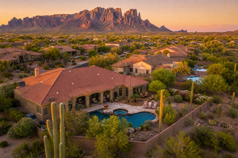Hidden costs of buying a home in Arizona - aerial view of Arizona neighborhood with desert landscaping and pools