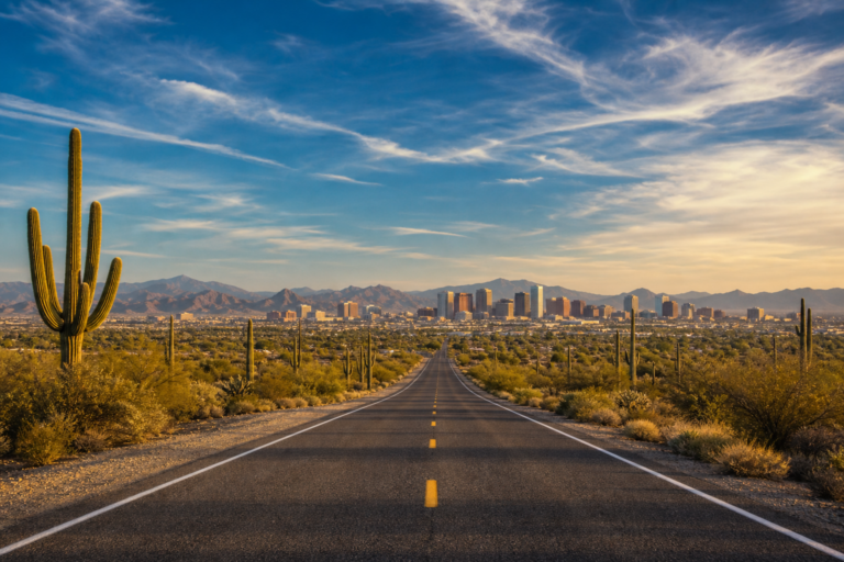 Moving to Phoenix Arizona with desert highway leading to city skyline