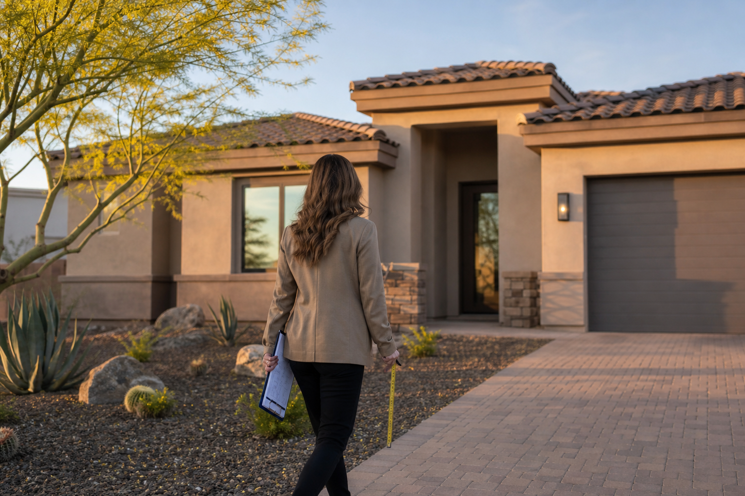 CMA vs appraisal in Arizona: agent walking up to a modern desert home in the Phoenix metro