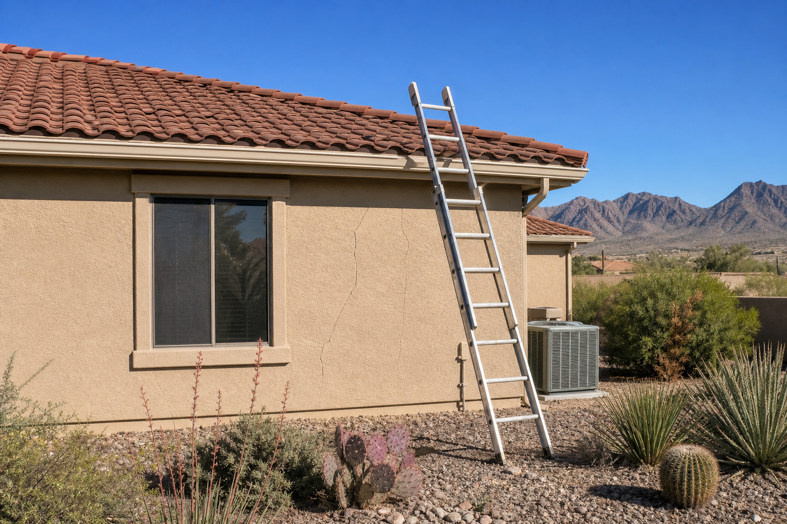 Ladder against the tile roof of an Arizona stucco home beside an AC condenser during a home inspection Arizona buyers rely on