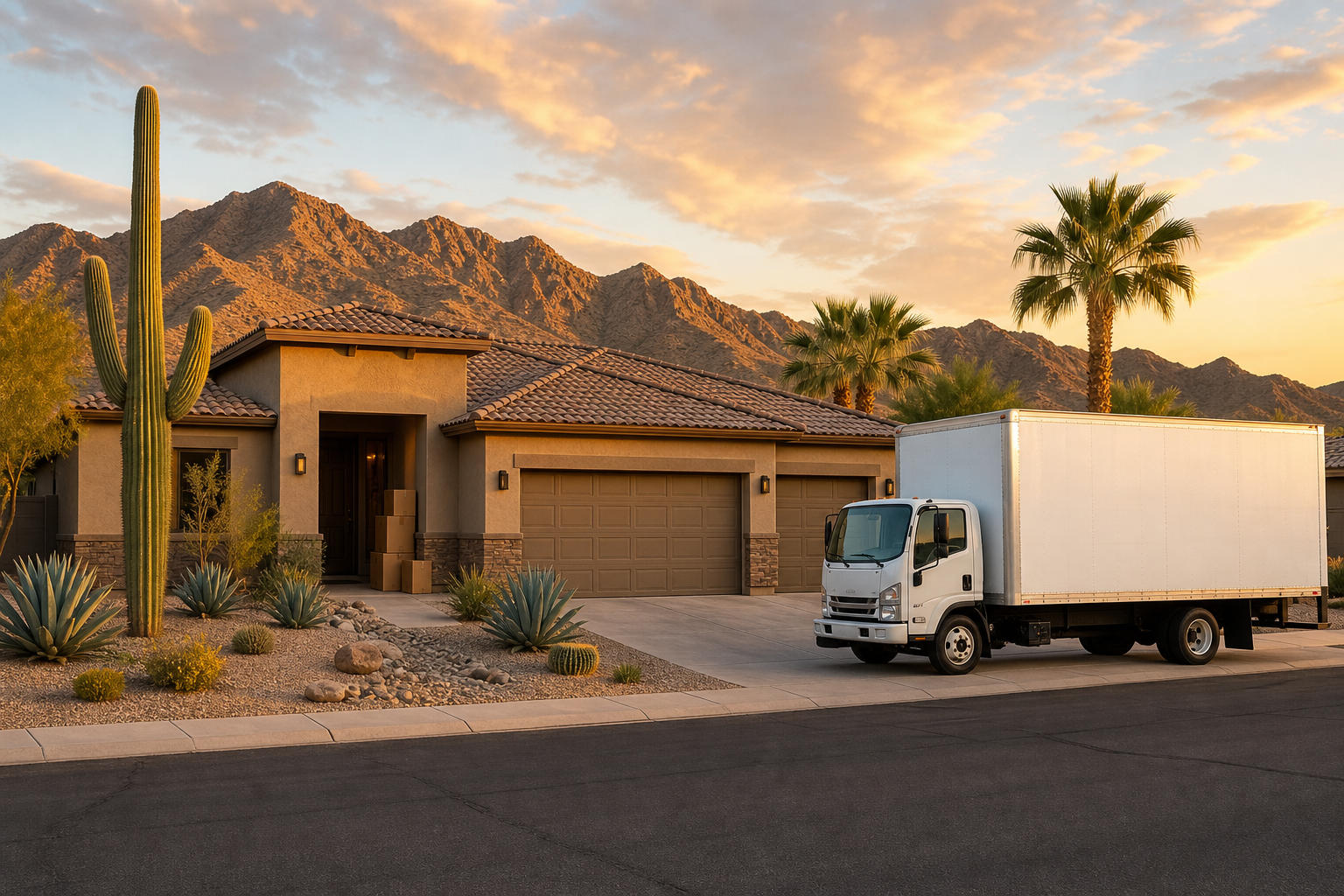 Modern Arizona desert home with moving truck, moving from California to Arizona