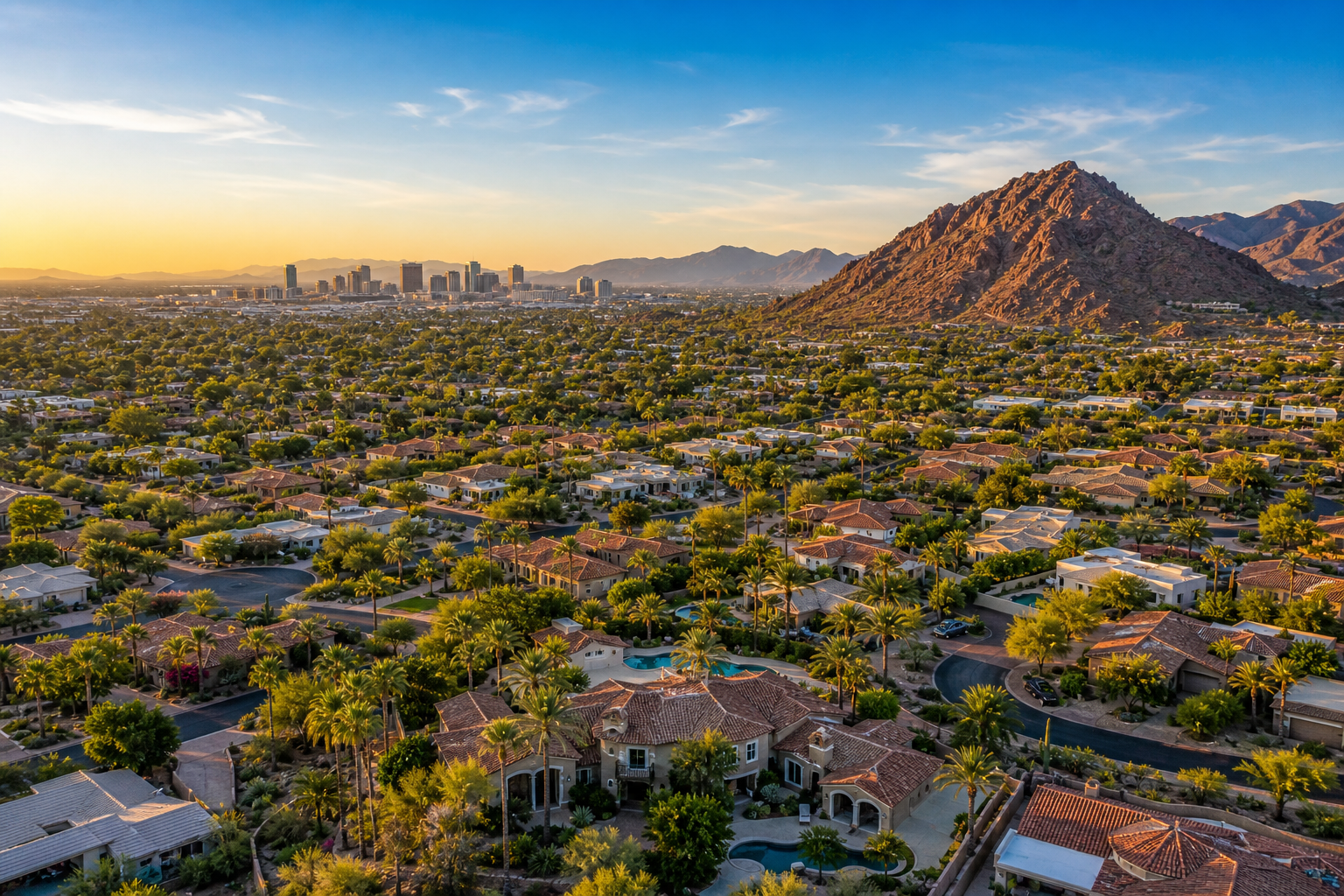 Aerial view of Phoenix and Scottsdale Arizona neighborhoods at sunset for a Phoenix vs Scottsdale home buying comparison