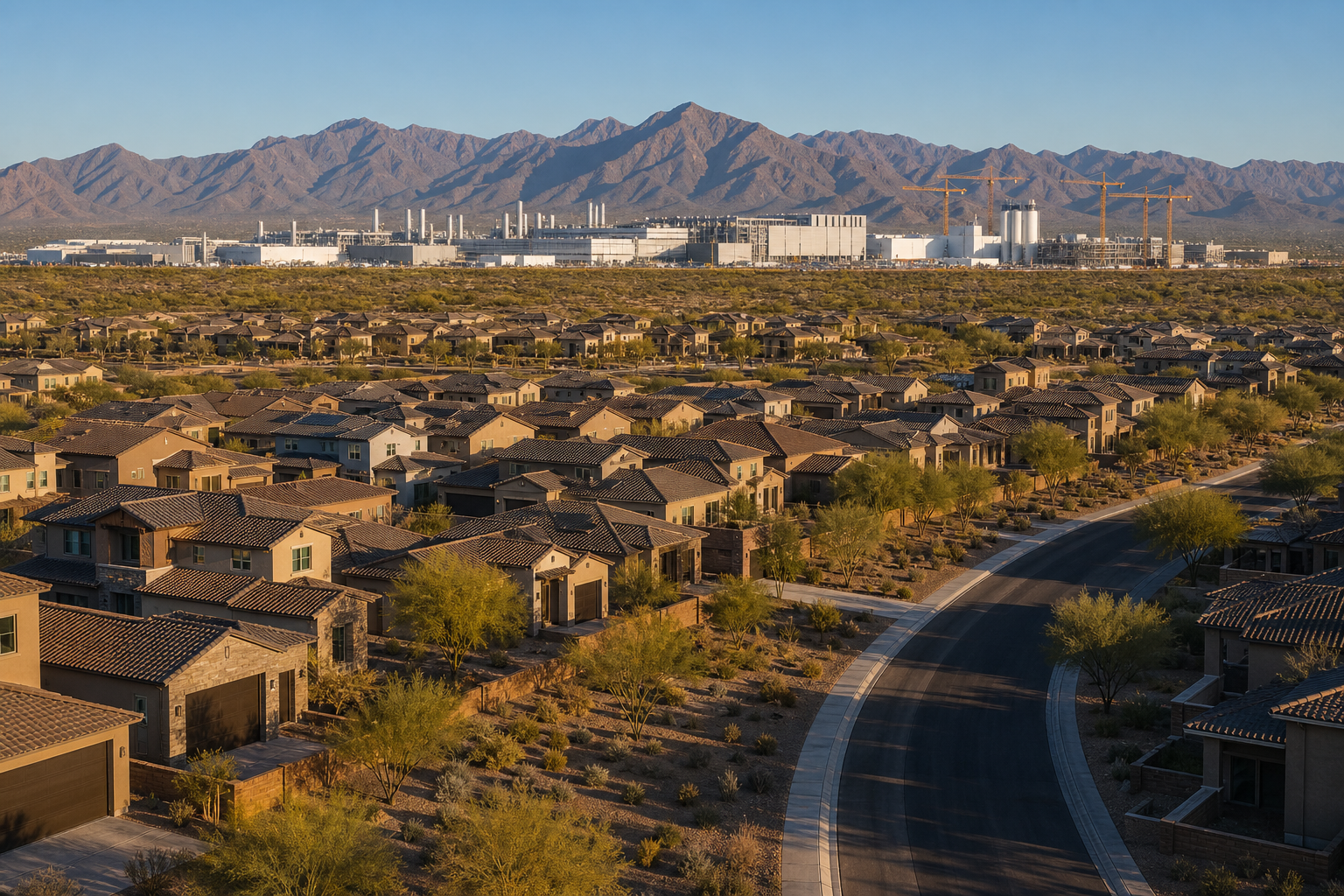 North Phoenix neighborhood with a semiconductor fab campus in the distance, illustrating TSMC Intel Phoenix real estate impact