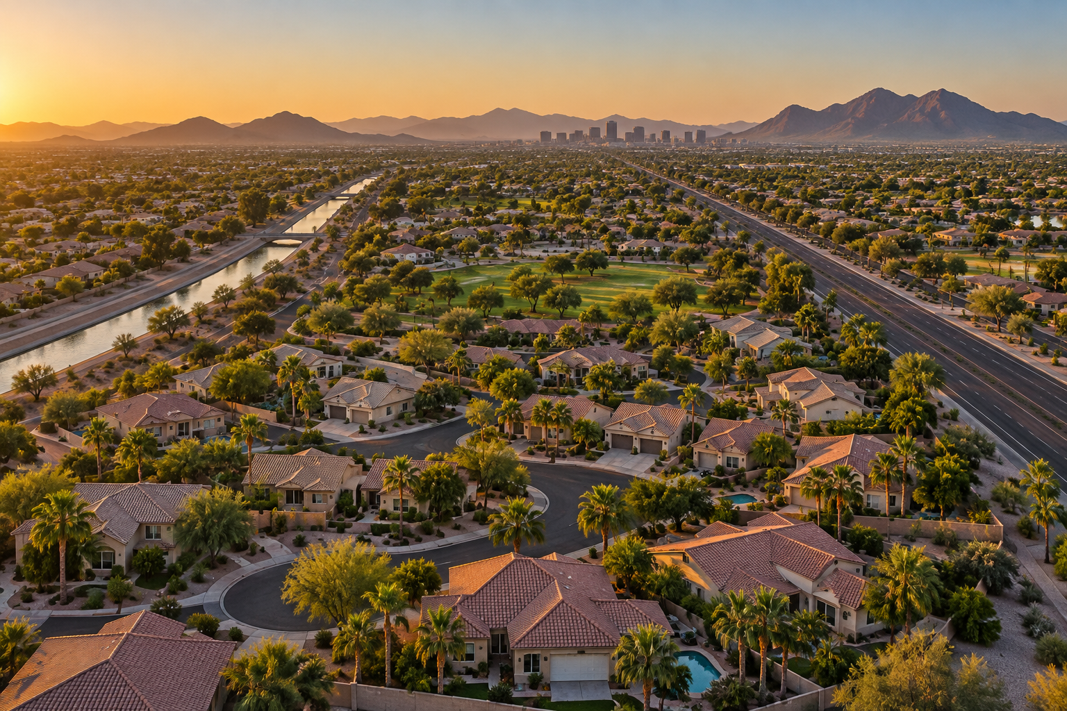 Aerial view of Phoenix metro suburbs at sunset illustrating the best cities to live in Arizona in 2026