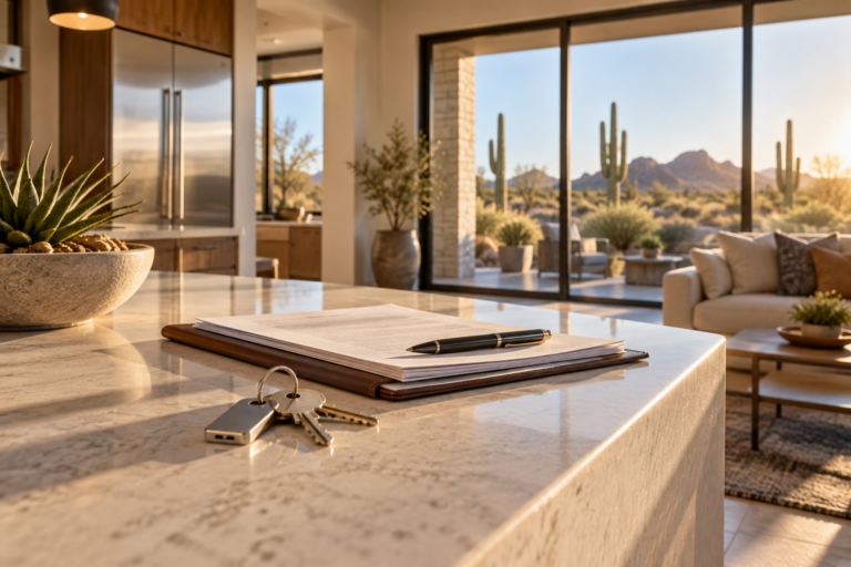 House keys and closing paperwork on a kitchen island in a Phoenix home, illustrating cash to close Arizona