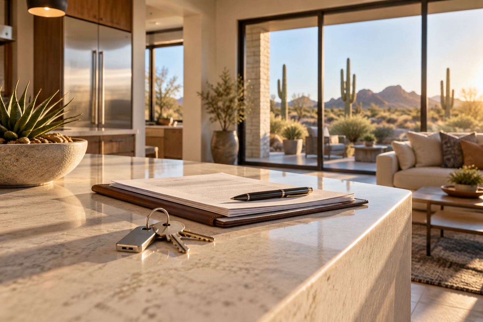 House keys and closing paperwork on a kitchen island in a Phoenix home, illustrating cash to close Arizona