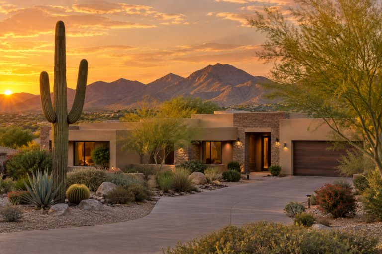 Desert-style Phoenix home at sunset illustrating the cost of living Phoenix vs Los Angeles