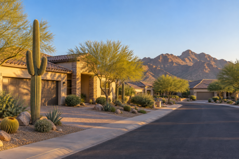 Suburban Phoenix Arizona neighborhood of stucco homes, illustrating the credit score to buy a home in Arizona