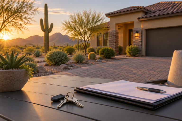 Arizona desert home at sunset with house keys and closing paperwork, illustrating escrow in Arizona