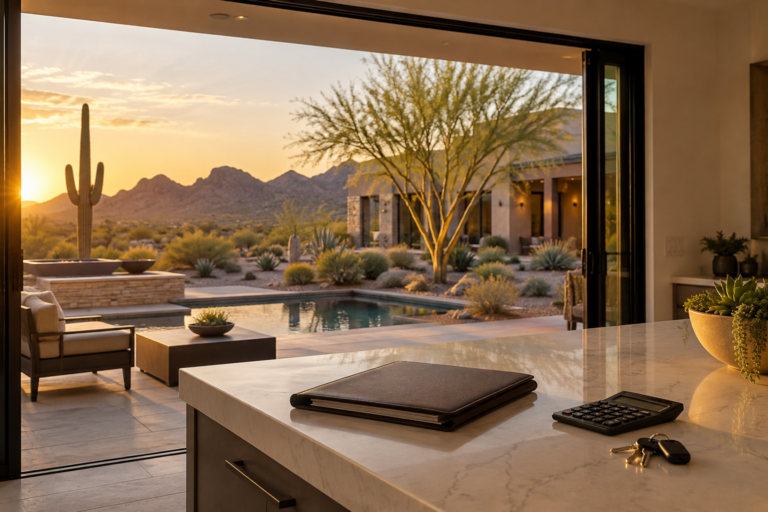 Net proceeds selling home Arizona: closing folder, calculator and keys on a kitchen island overlooking a desert backyard pool at sunset