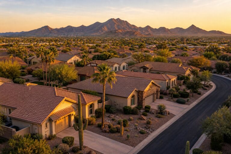 Phoenix real estate market update September 2026 aerial view of a Phoenix Arizona neighborhood at sunset