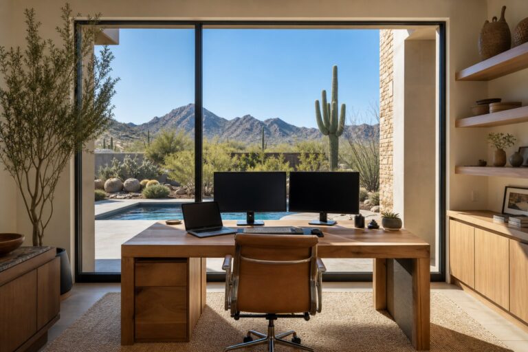 Home office with desert mountain view illustrating remote work Phoenix real estate for work-from-home buyers