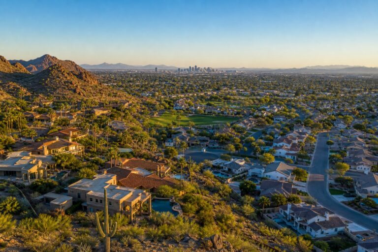 Aerial view of Scottsdale vs Chandler vs Gilbert style Arizona neighborhoods at sunset with the Phoenix skyline