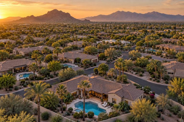 Aerial view of Phoenix metro suburban homes with pools, illustrating what 800K gets you Phoenix metro in 2026