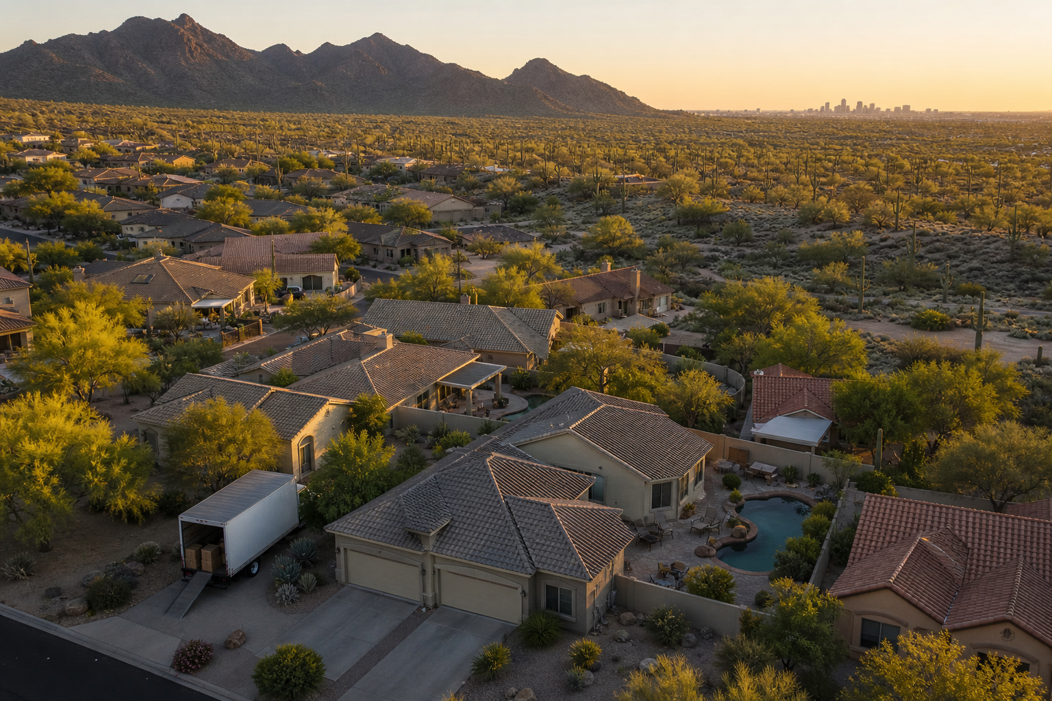Aerial view of a Phoenix Arizona desert neighborhood with a moving truck, illustrating why people moving to Arizona choose the Valley